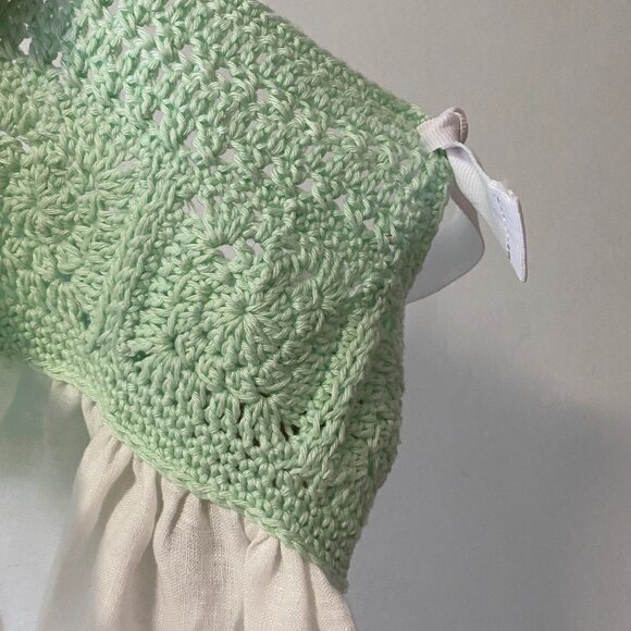 Handmade Baby Size 3 Months Green White Cotton Crochet Linen Bow Dress - Picture 8 of 14